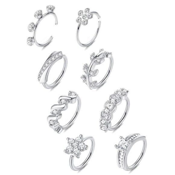 OUFER BODY JEWELRY 20G 316L Stainless Steel Double Nostril  20G 316L Stainless Steel Silver and Diamond Cubic Zirconia Nose Rings - Set of 8